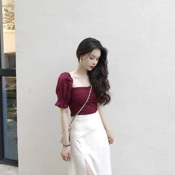 Court Style Square Collar Top High Waist Side Slit Skirt For Women - Image 6