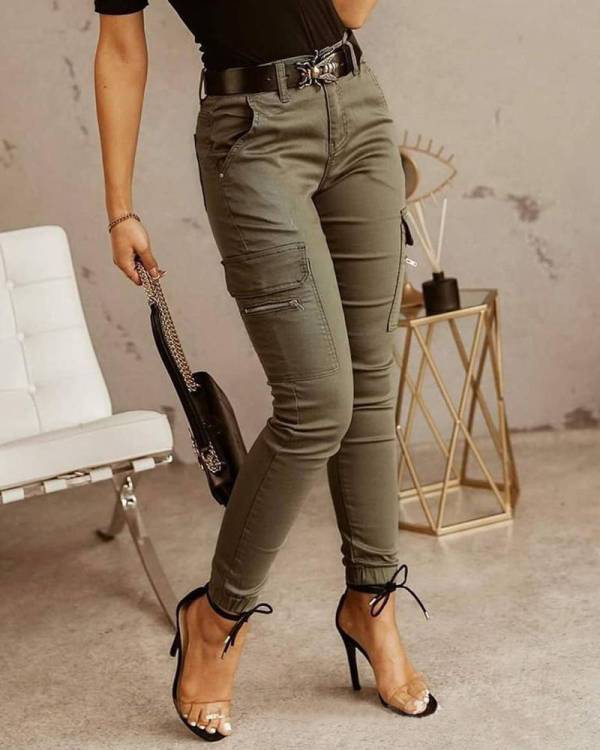 European And American Women's Trousers, Low-waisted Buttons, Solid Color Pockets - Image 3